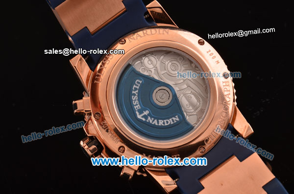 Ulysse Nardin Marine Chronograph Quartz Movement RG Case with Black Dial and Blue Bezel-Blue Rubber Strap - Click Image to Close